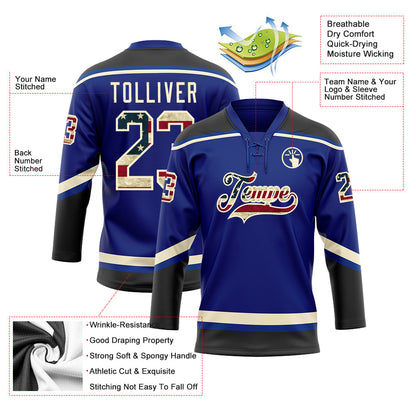 Custom Royal Vintage USA Flag Black-Cream Hockey Lace Neck Jersey - Sky-Custom