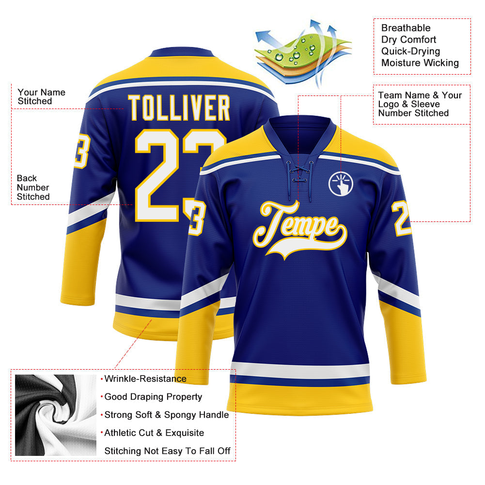 Custom Royal White-Yellow Hockey Lace Neck Jersey - Sky-Custom