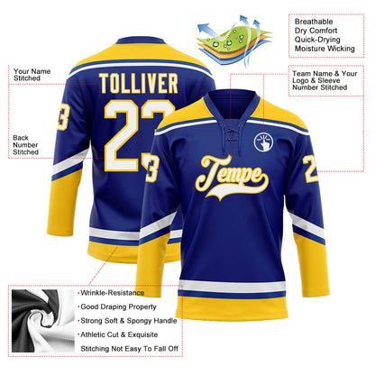Custom Royal White-Yellow Hockey Lace Neck Jersey - Sky-Custom