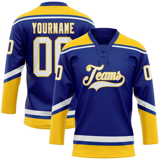 Custom Royal White-Yellow Hockey Lace Neck Jersey - Sky-Custom