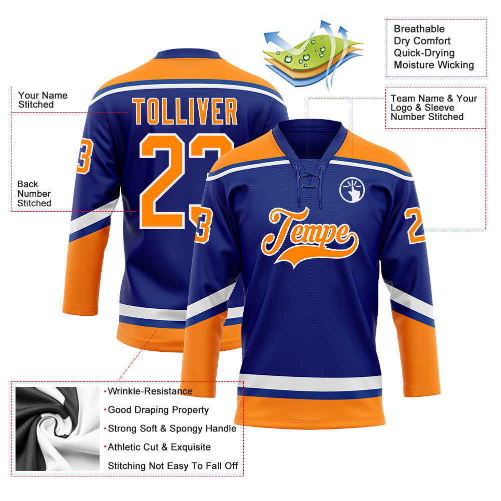 Custom Royal Bay Orange-White Hockey Lace Neck Jersey - Sky-Custom