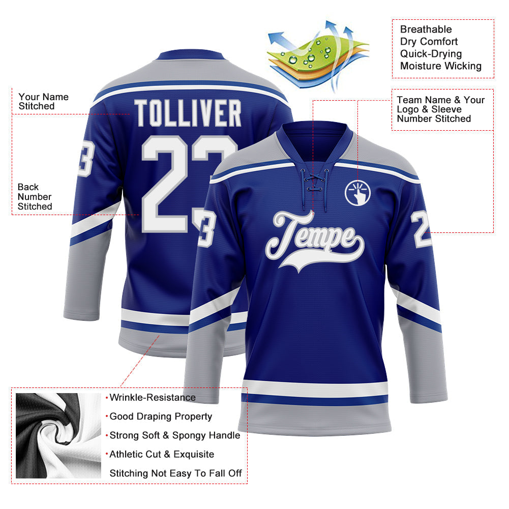 Custom Royal White-Gray Hockey Lace Neck Jersey - Sky-Custom