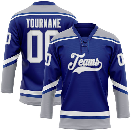 Custom Royal White-Gray Hockey Lace Neck Jersey - Sky-Custom