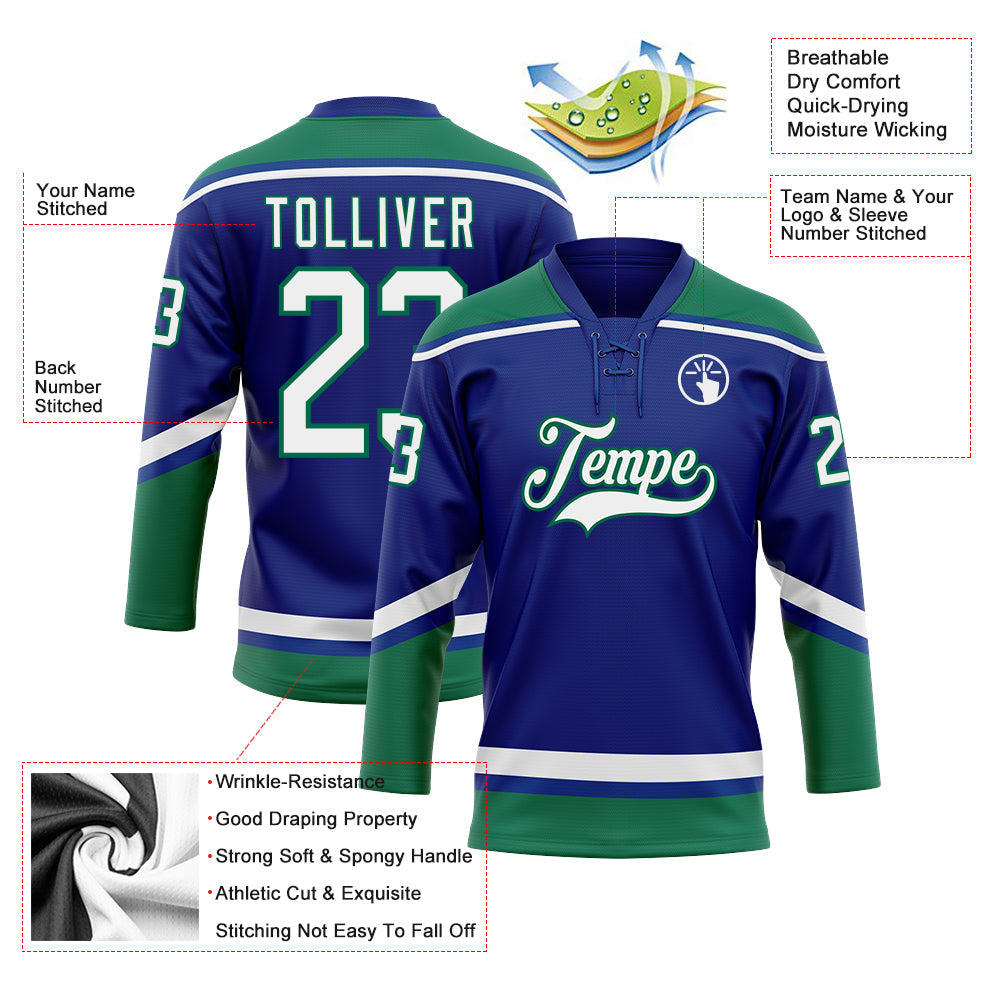 Custom Royal White-Kelly Green Hockey Lace Neck Jersey - Sky-Custom