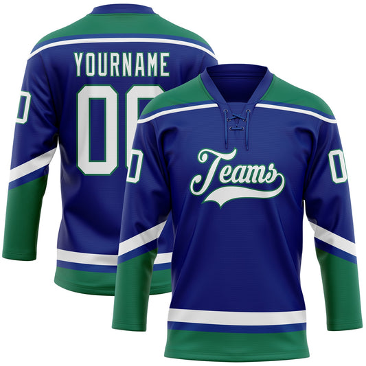 Custom Royal White-Kelly Green Hockey Lace Neck Jersey - Sky-Custom