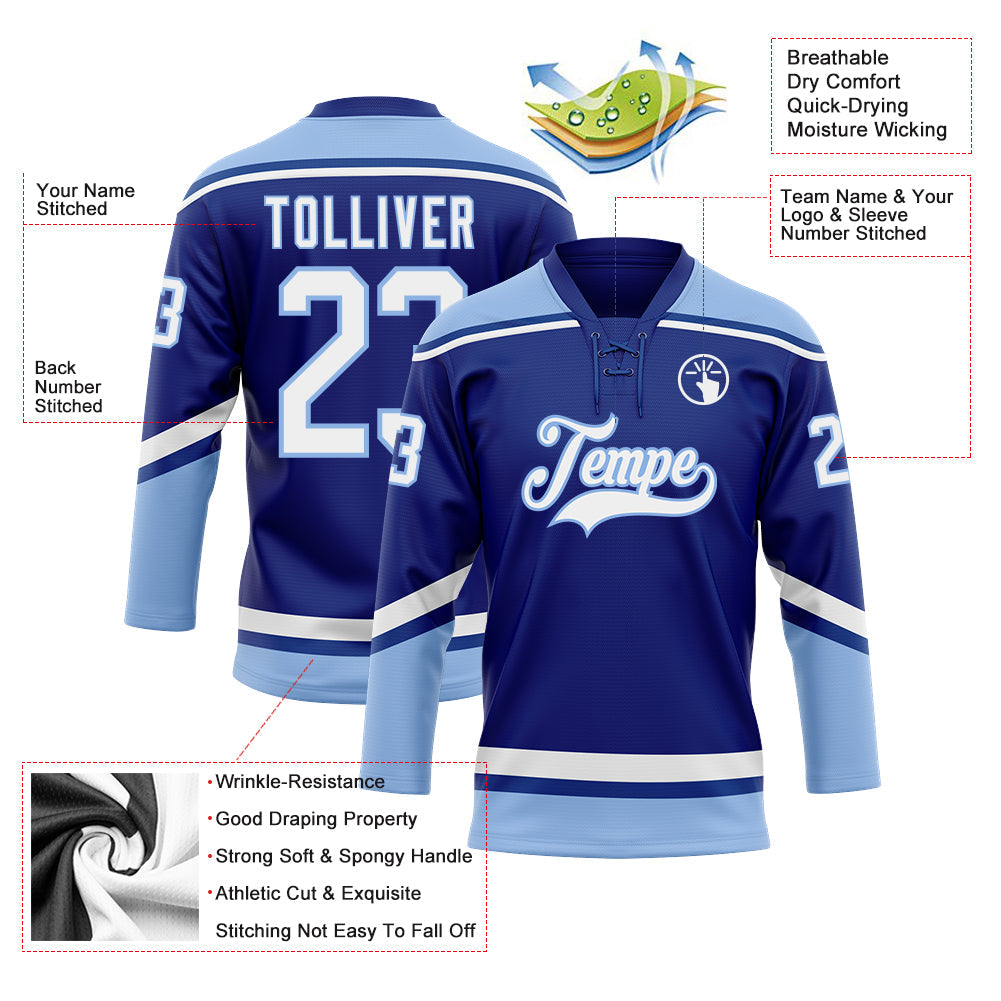 Custom Royal White-Light Blue Hockey Lace Neck Jersey - Sky-Custom