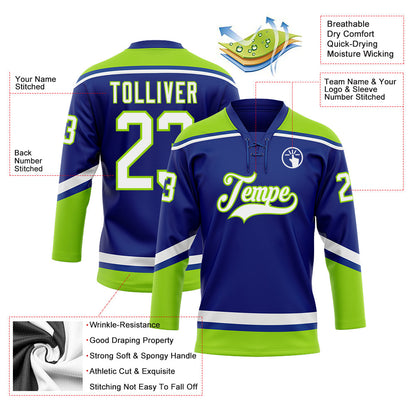 Custom Royal White-Neon Green Hockey Lace Neck Jersey - Sky-Custom