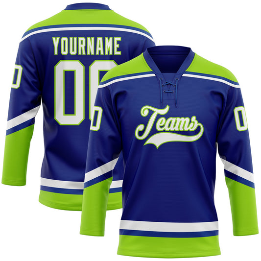 Custom Royal White-Neon Green Hockey Lace Neck Jersey - Sky-Custom