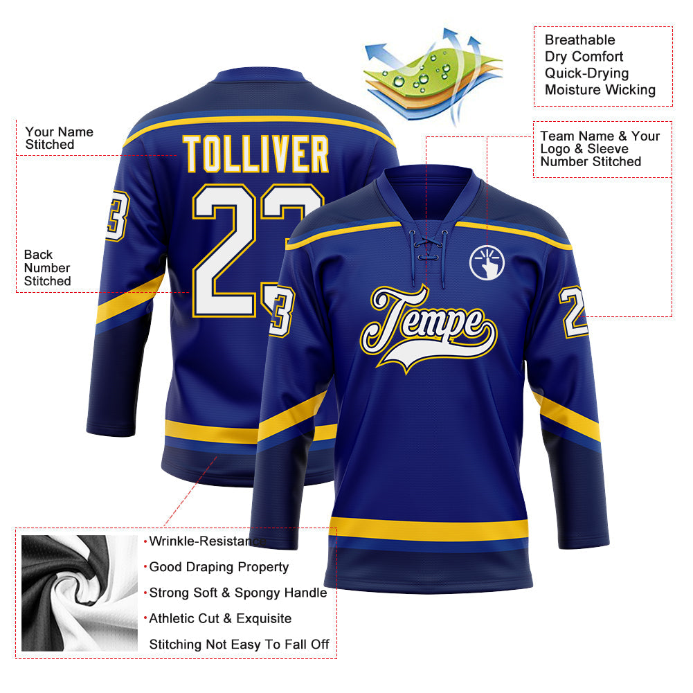 Custom Royal White Navy-Yellow Hockey Lace Neck Jersey - Sky-Custom