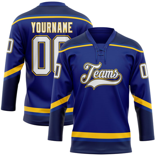 Custom Royal White Navy-Yellow Hockey Lace Neck Jersey - Sky-Custom