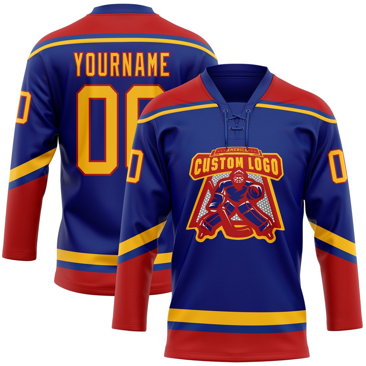 Custom Royal Gold-Red Hockey Lace Neck Jersey - Sky-Custom