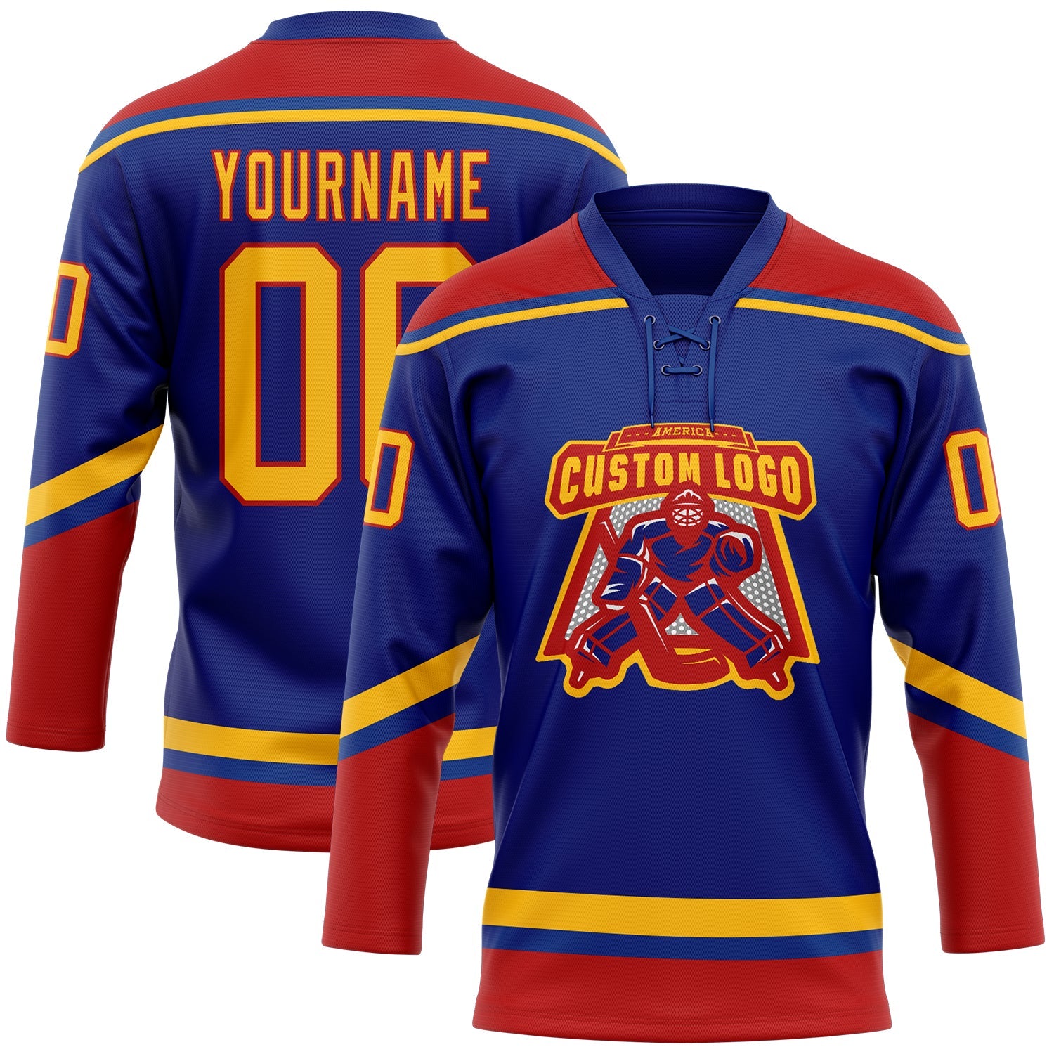 Custom Royal Gold-Red Hockey Lace Neck Jersey - Sky-Custom