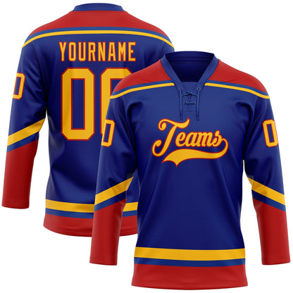 Custom Royal Gold-Red Hockey Lace Neck Jersey - Sky-Custom