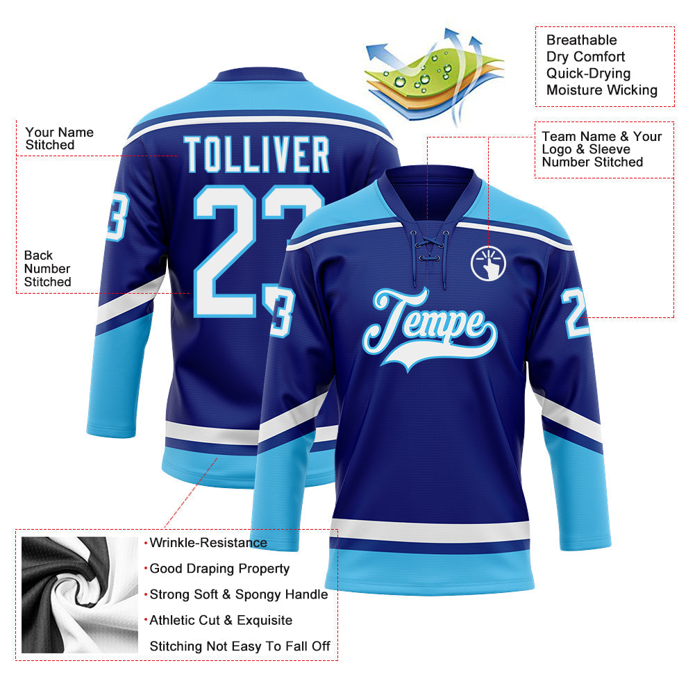 Custom Royal White-Sky Blue Hockey Lace Neck Jersey - Sky-Custom
