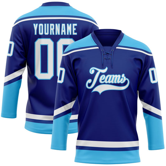 Custom Royal White-Sky Blue Hockey Lace Neck Jersey - Sky-Custom