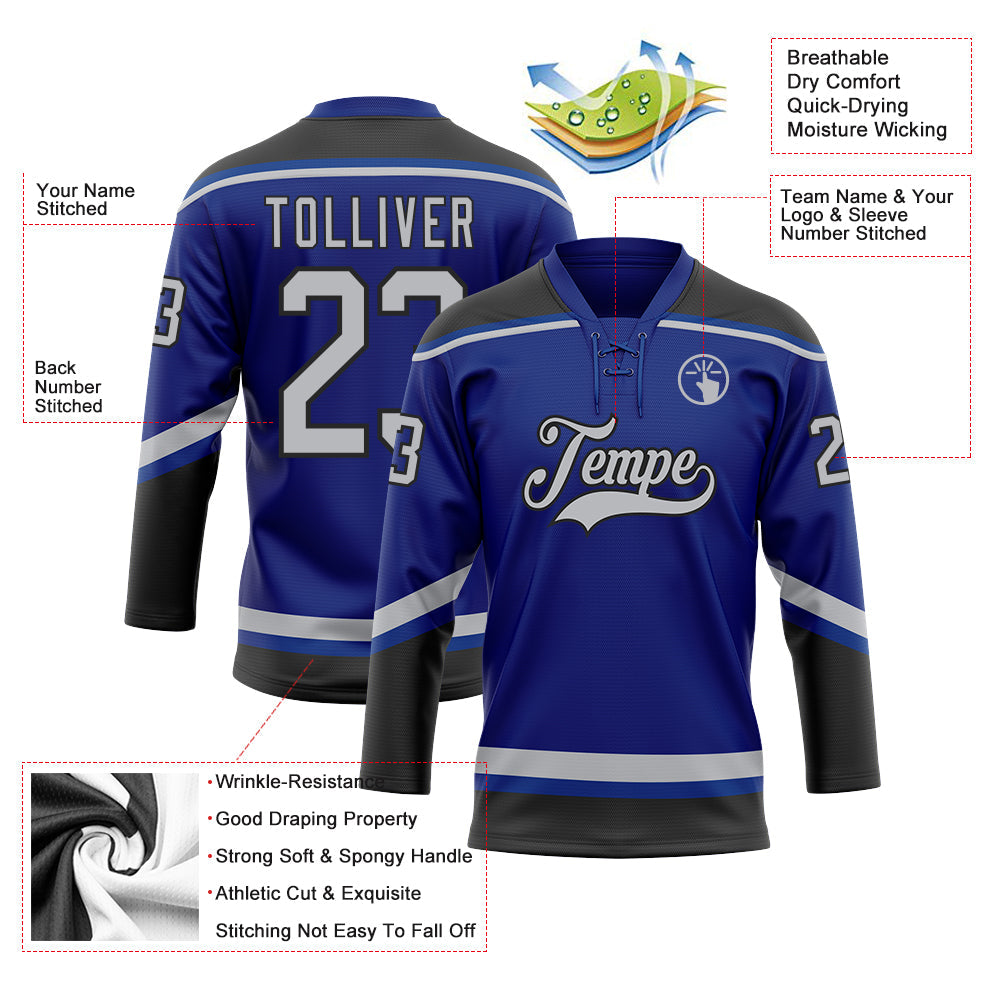 Custom Royal Gray-Black Hockey Lace Neck Jersey - Sky-Custom