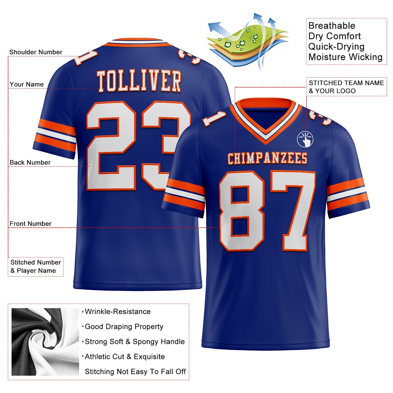 Custom Royal White-Orange Mesh Authentic Football Jersey - Sky-Custom