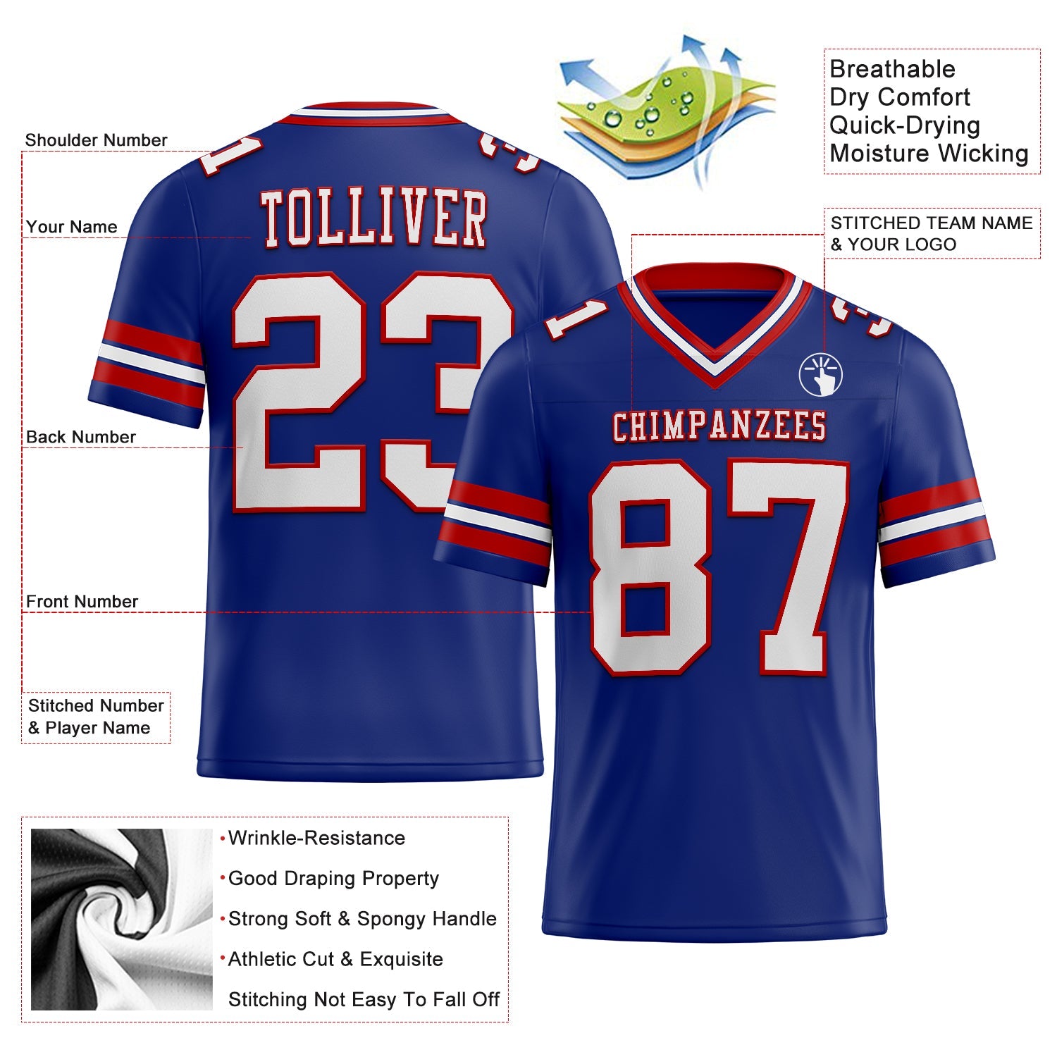 Custom Royal White-Red Mesh Authentic Football Jersey - Sky-Custom