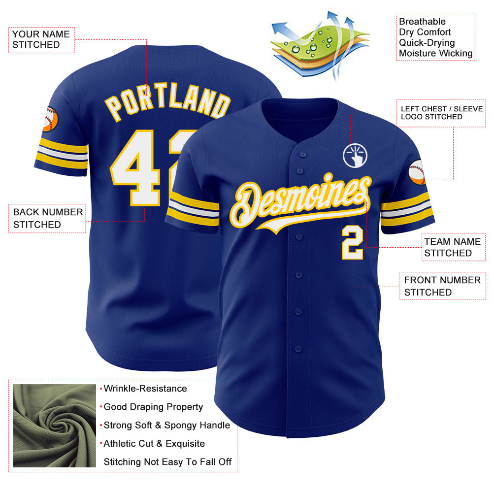 Custom Royal White-Yellow Authentic Baseball Jersey - Sky-Custom
