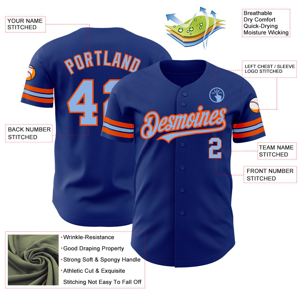 Custom Royal Light Blue-Orange Authentic Baseball Jersey - Sky-Custom