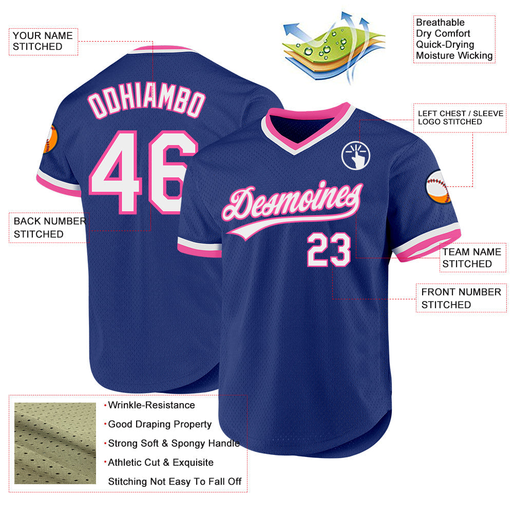 Custom Royal White-Pink Authentic Throwback Baseball Jersey - Sky-Custom