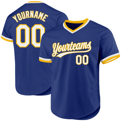 Custom Royal White-Gold Authentic Throwback Baseball Jersey - Sky-Custom