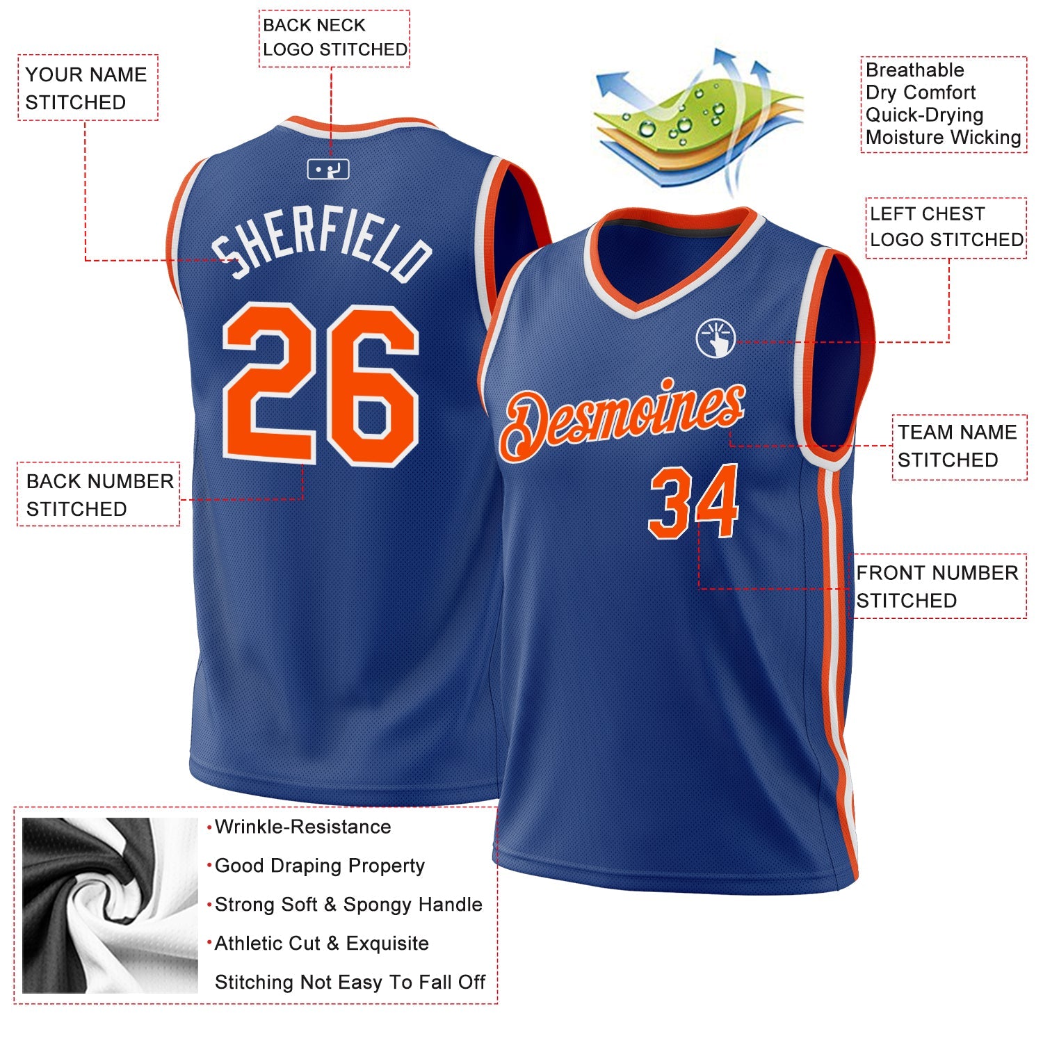 Custom Royal Orange-White Authentic Throwback Basketball Jersey - Sky-Custom
