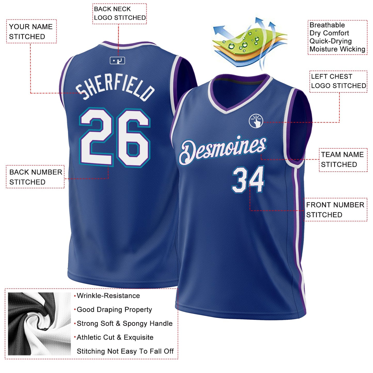Custom Royal Purple-Teal Authentic Throwback Basketball Jersey - Sky-Custom