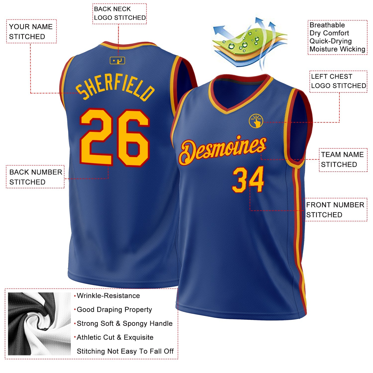 Custom Royal Gold-Red Authentic Throwback Basketball Jersey - Sky-Custom
