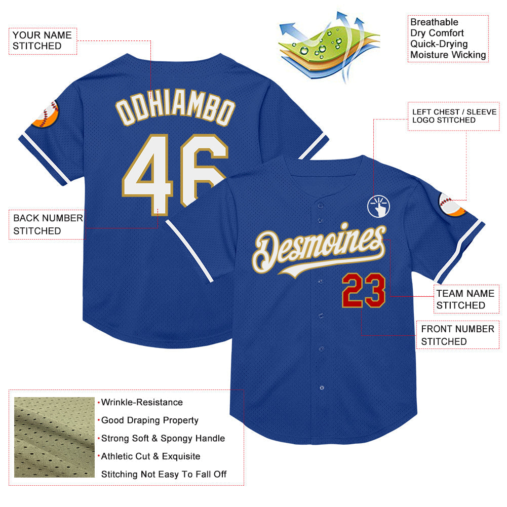Custom Royal Red-Old Gold Mesh Authentic Throwback Baseball Jersey - Sky-Custom