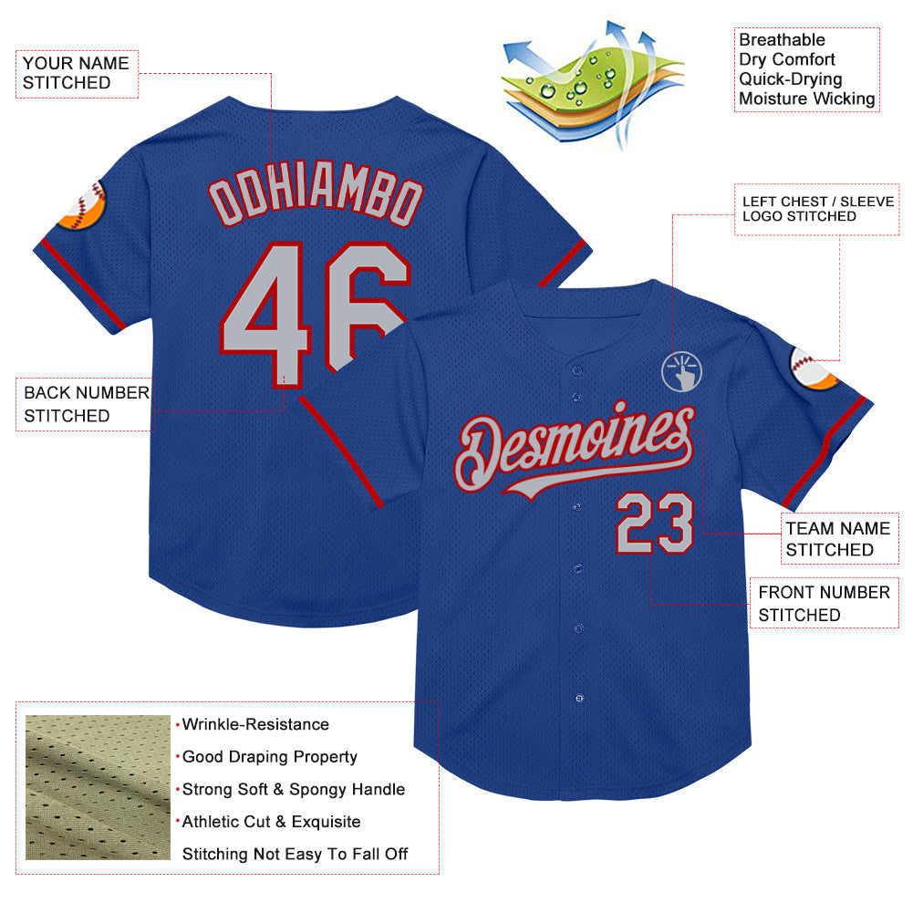 Custom Royal Gray-Red Mesh Authentic Throwback Baseball Jersey - Sky-Custom