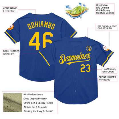 Custom Royal Yellow Mesh Authentic Throwback Baseball Jersey - Sky-Custom