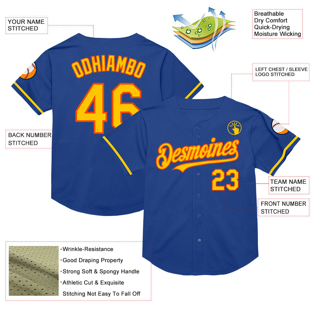 Custom Royal Yellow-Orange Mesh Authentic Throwback Baseball Jersey - Sky-Custom