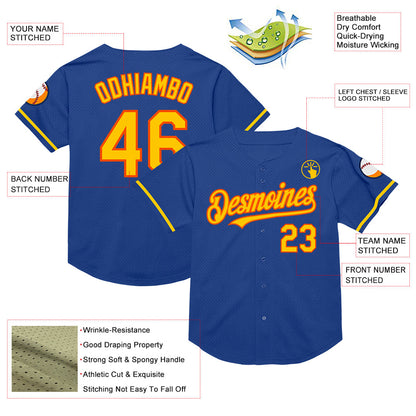 Custom Royal Yellow-Orange Mesh Authentic Throwback Baseball Jersey - Sky-Custom