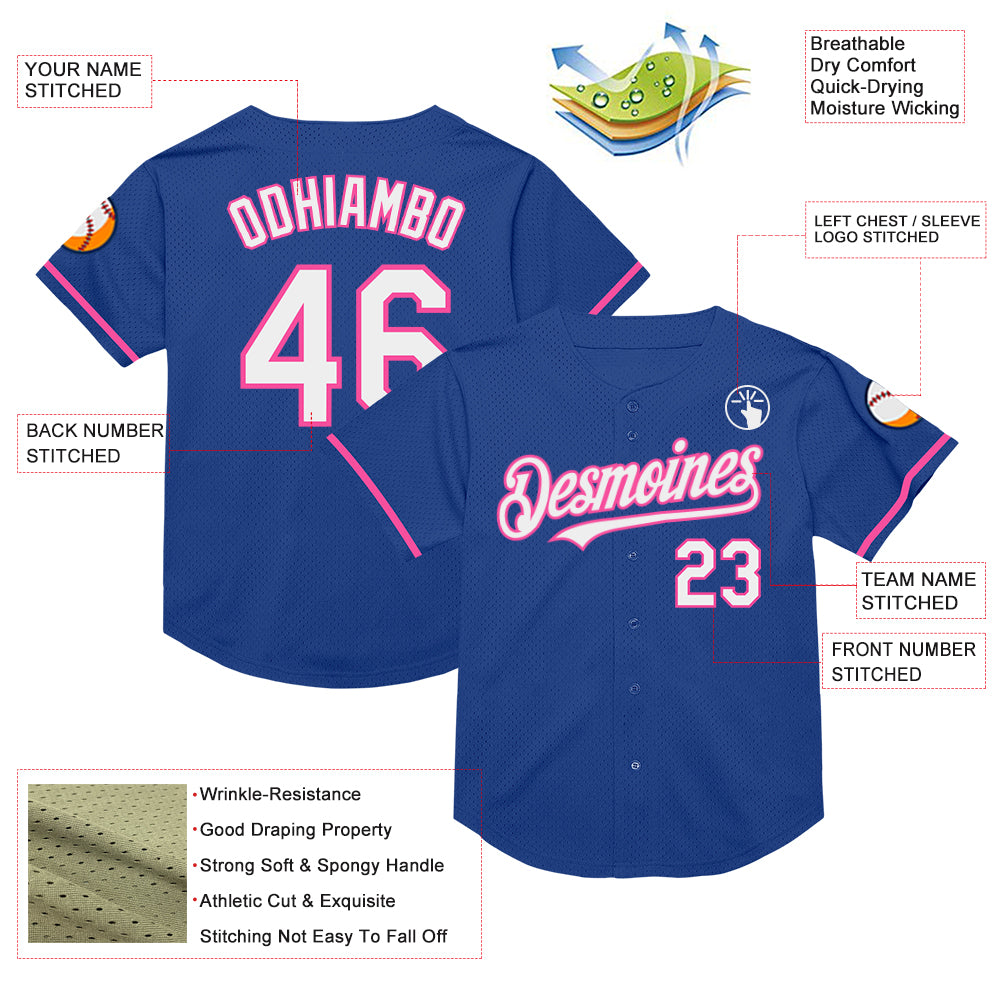 Custom Royal White-Pink Mesh Authentic Throwback Baseball Jersey - Sky-Custom