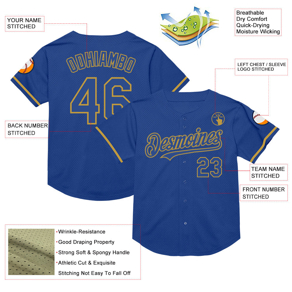 Custom Royal Old Gold Mesh Authentic Throwback Baseball Jersey - Sky-Custom