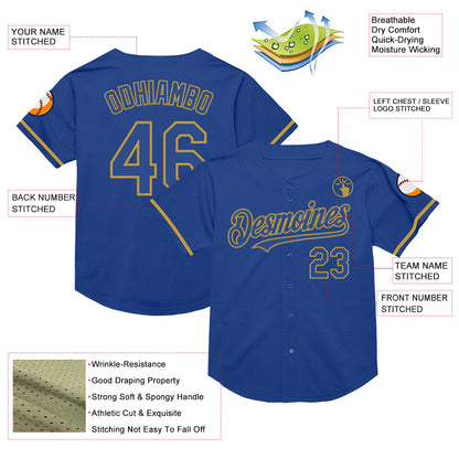 Custom Royal Old Gold Mesh Authentic Throwback Baseball Jersey - Sky-Custom