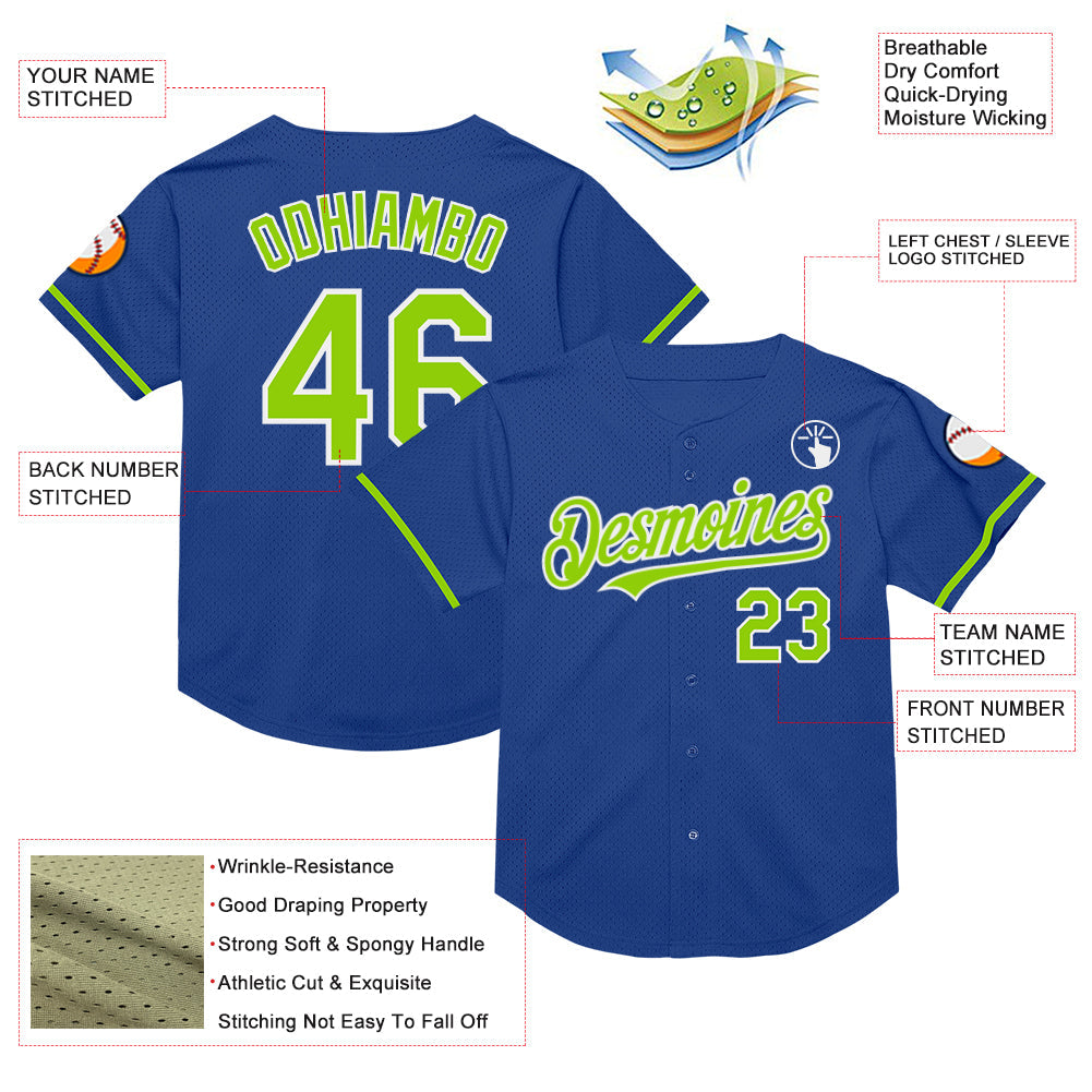 Custom Royal Neon Green-White Mesh Authentic Throwback Baseball Jersey - Sky-Custom