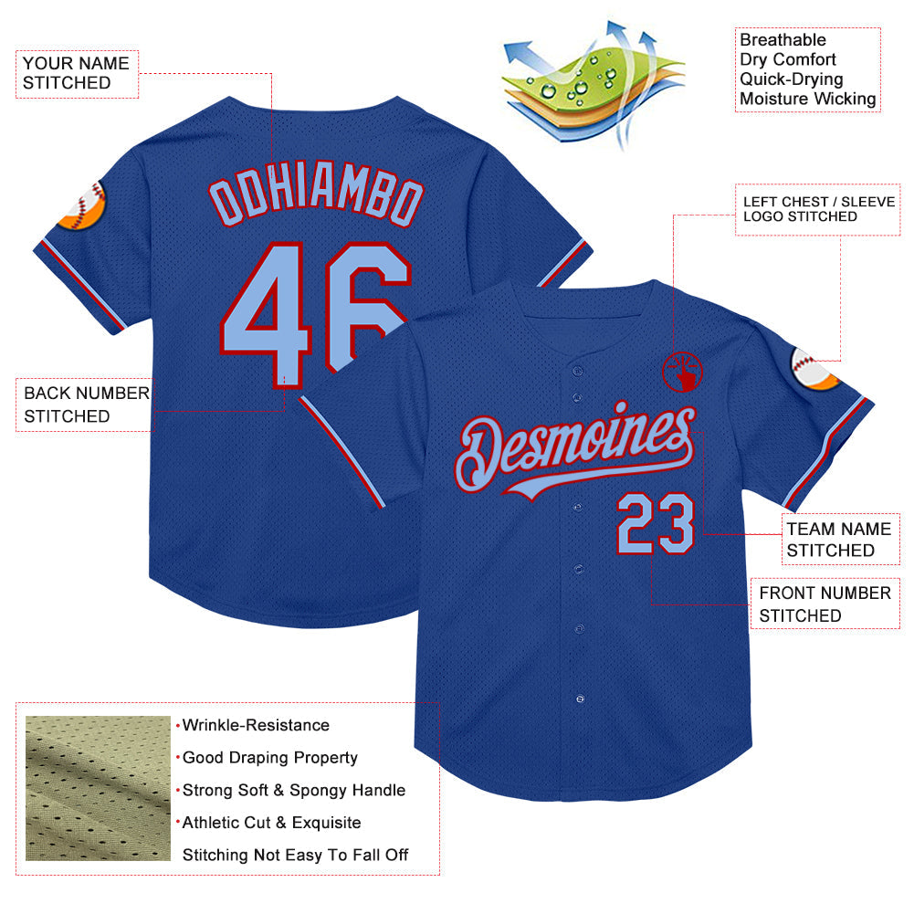 Custom Royal Light Blue-Red Mesh Authentic Throwback Baseball Jersey - Sky-Custom