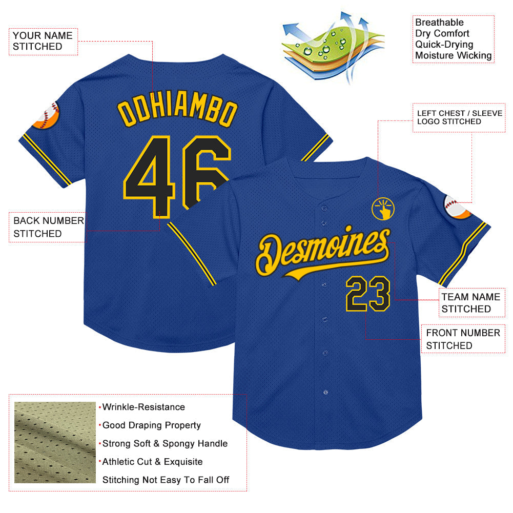 Custom Royal Black-Yellow Mesh Authentic Throwback Baseball Jersey - Sky-Custom