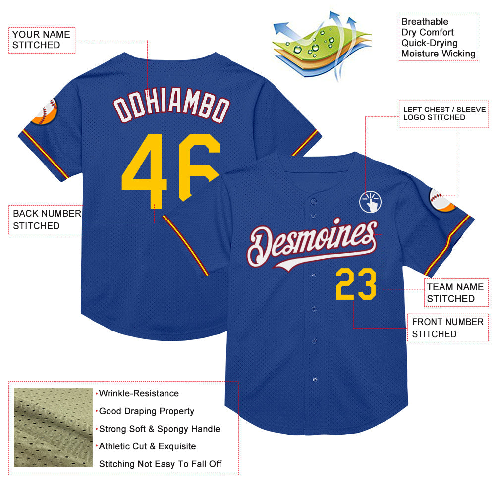 Custom Royal Yellow-Crimson Mesh Authentic Throwback Baseball Jersey - Sky-Custom