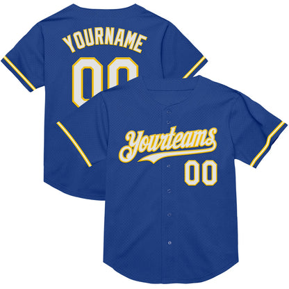 Custom Royal White-Yellow Mesh Authentic Throwback Baseball Jersey - Sky-Custom