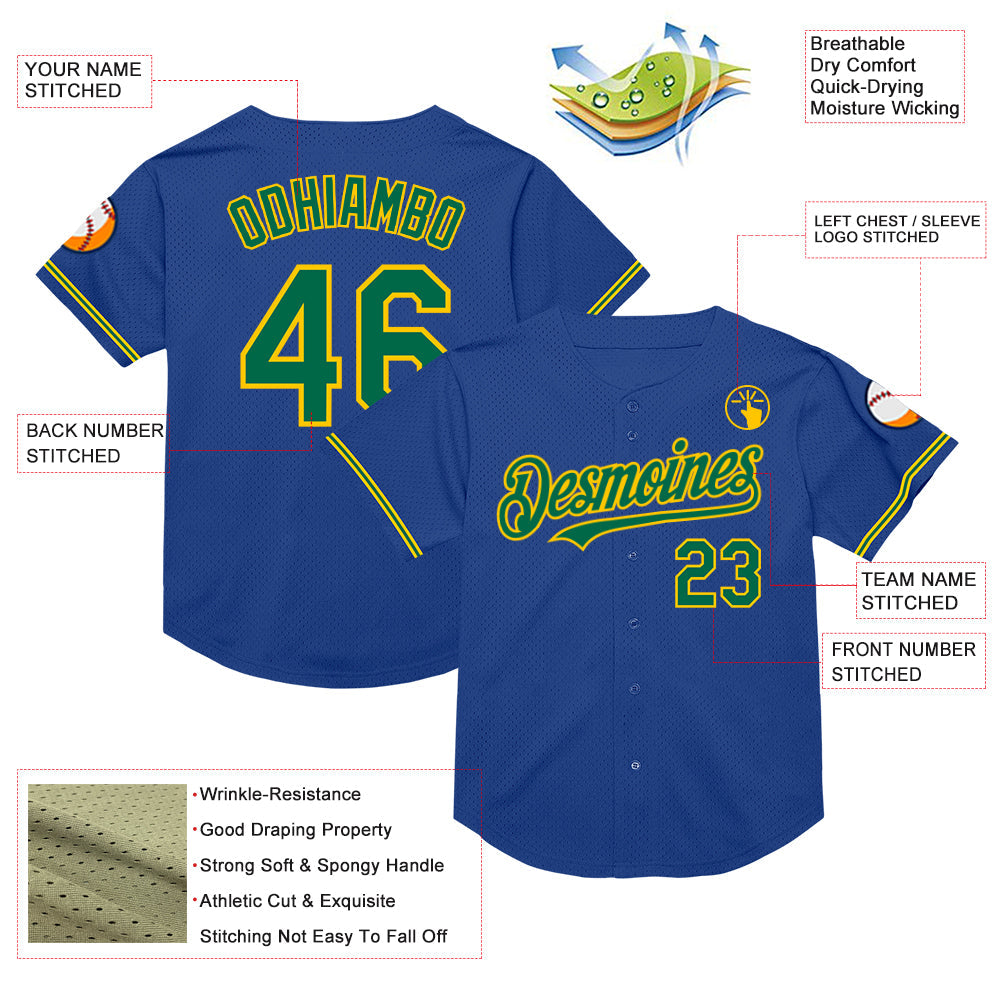 Custom Royal Kelly Green-Yellow Mesh Authentic Throwback Baseball Jersey - Sky-Custom