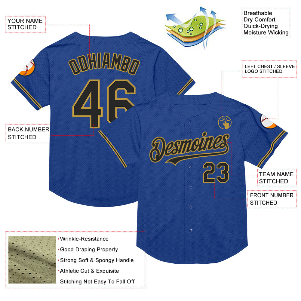 Custom Royal Black-Old Gold Mesh Authentic Throwback Baseball Jersey - Sky-Custom