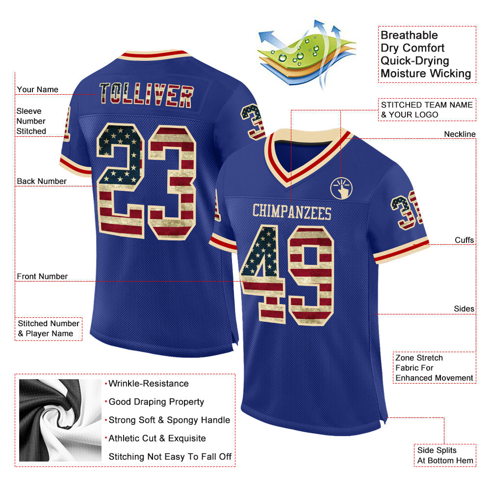 Custom Royal Vintage USA Flag Cream-Red Mesh Authentic Throwback Football Jersey - Sky-Custom
