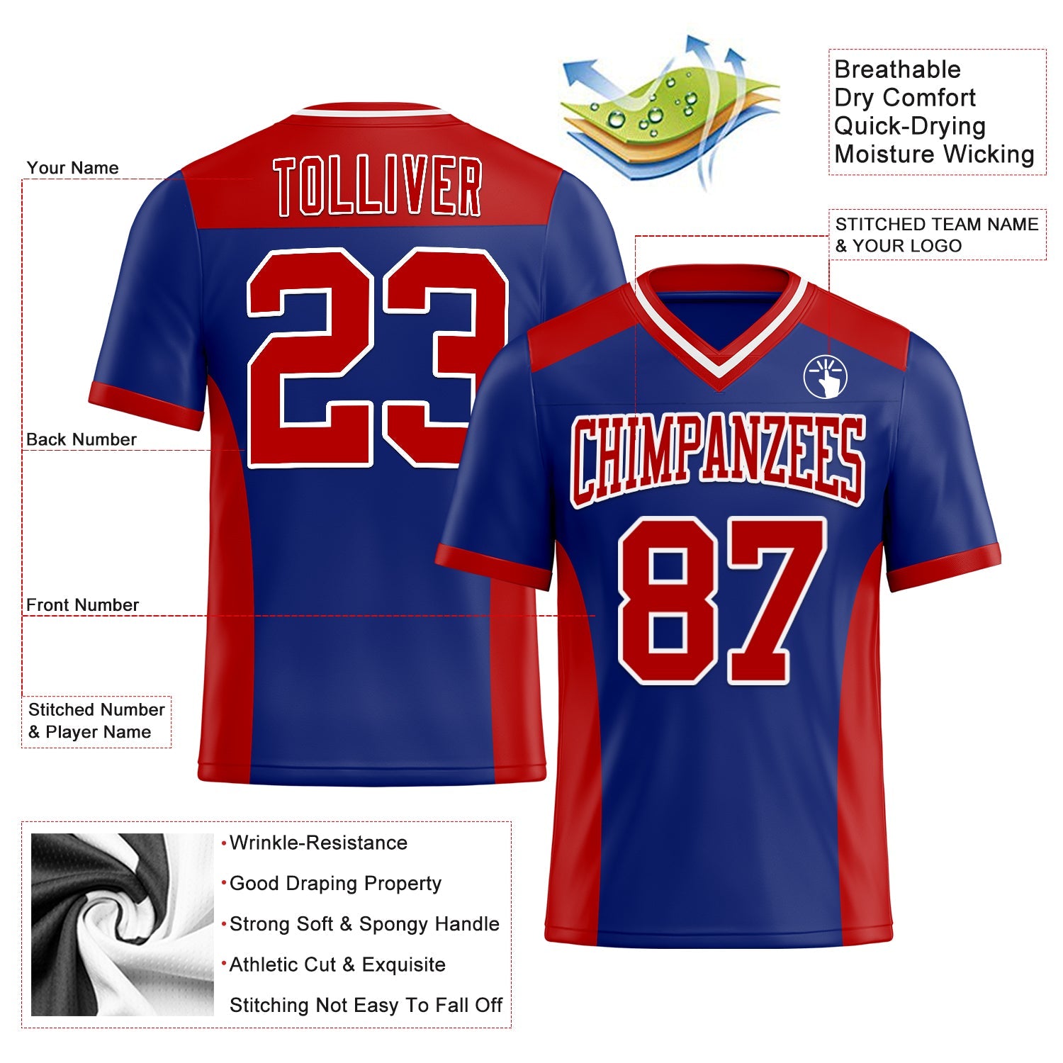 Custom Royal Red-White Mesh Authentic Football Jersey - Sky-Custom