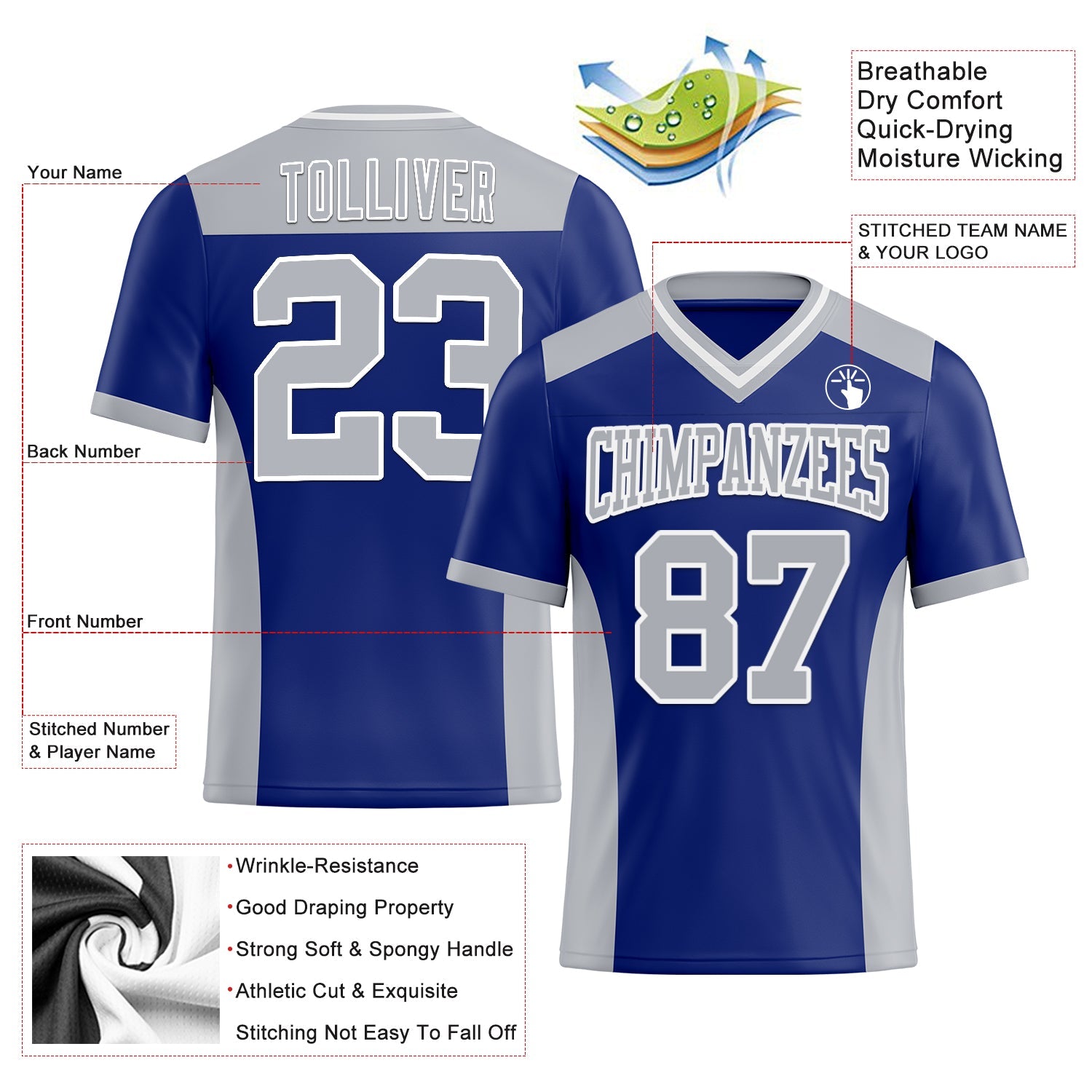 Custom Royal Gray-White Mesh Authentic Football Jersey - Sky-Custom