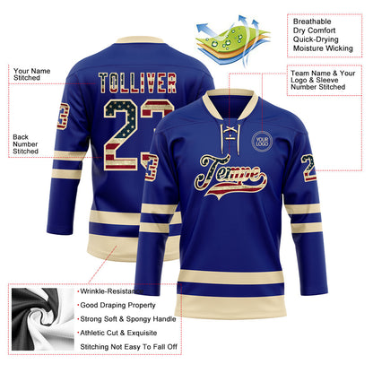 Custom Royal Vintage USA Flag-Cream Hockey Lace Neck Jersey - Sky-Custom