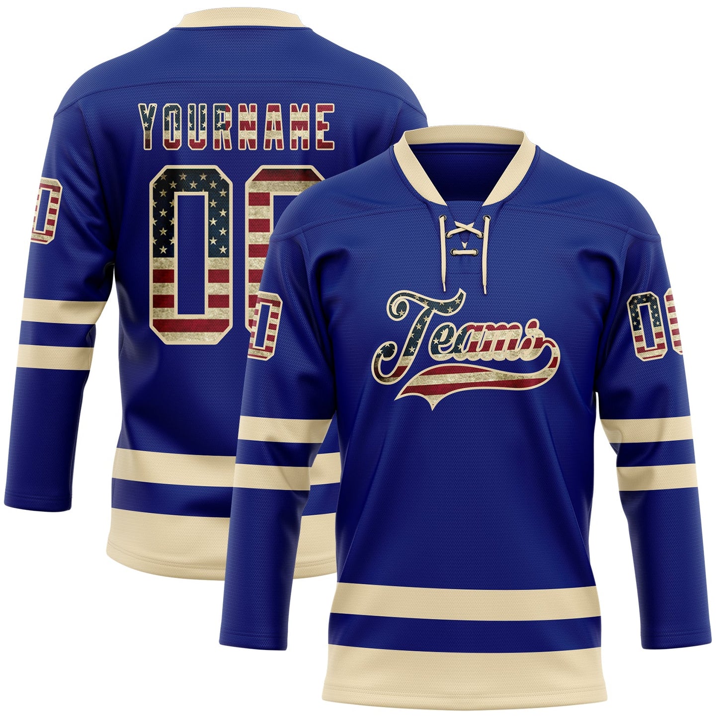 Custom Royal Vintage USA Flag-Cream Hockey Lace Neck Jersey - Sky-Custom