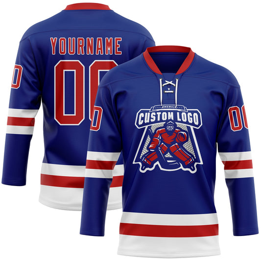 Custom Royal Red-White Hockey Lace Neck Jersey - Sky-Custom